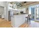 Modern kitchen features stainless steel appliances, white cabinetry, and a breakfast bar at 2020 Arapahoe St # 1250, Denver, CO 80205