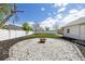 Landscaped backyard with a white rock fire pit area and green grass at 134 N 6Th Ave, Brighton, CO 80601