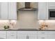 Modern kitchen featuring a sleek cooktop, hexagon tile backsplash, stainless steel range hood, and ample storage at 10295 E 59Th Ave, Denver, CO 80238