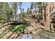 Beautiful backyard featuring a trampoline, firewood storage, stone steps and low voltage lighting at 7395 Heiter Hill Dr, Evergreen, CO 80439
