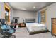 Neutral bedroom with ample windows, work station, and soft blue accents at 7395 Heiter Hill Dr, Evergreen, CO 80439