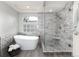 Modern bathroom featuring a sleek bathtub and a glass-enclosed shower with stone flooring at 9170 Fox Fire Dr, Highlands Ranch, CO 80129