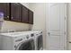 Practical laundry room with modern washer and dryer, upper cabinets, and a clean, efficient design at 7790 S Queensburg Way, Aurora, CO 80016
