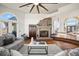 Inviting living area showcasing a stone fireplace, open layout, and seamless transition to other living spaces at 19205 Sixpenny Ln, Monument, CO 80132