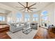 Bright living room featuring large windows, comfortable seating, and access to the outdoor patio, perfect for relaxation at 19205 Sixpenny Ln, Monument, CO 80132