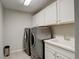 Well-equipped laundry room with modern washer and dryer units and ample storage space at 6630 S Coolidge Ct, Aurora, CO 80016