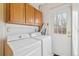Laundry area with washer and dryer set, built-in cabinets, and a door leading to the backyard at 471 S Grant St, Denver, CO 80209