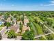 Aerial view of homes alongside a creek and pedestrian bridge with a walking path on a sunny day at 10478 W 82Nd Ave, Arvada, CO 80005