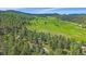 Expansive aerial view of a lush landscape with a meandering road and a charming home nestled within the trees at 26085 Amy Cir, Conifer, CO 80433