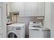 Bright laundry room features a modern washer and dryer with plenty of storage at 26085 Amy Cir, Conifer, CO 80433