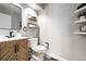 Contemporary half bath with stylish wood vanity, black hardware, and modern fixtures at 6386 S Pierson St, Littleton, CO 80127