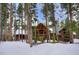 Inviting exterior showcasing a log cabin-style home nestled in a snow-covered forest setting at 47 Forest Cir, Breckenridge, CO 80424
