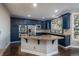 Modern kitchen featuring stainless steel appliances, large granite island, and custom blue cabinetry at 47032 Frasier Fir Cir, Parker, CO 80138