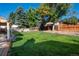 Spacious backyard with grassy lawn, wooden fence, and patio at 8015 W Calhoun Pl, Littleton, CO 80123