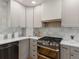 Bright kitchen features stainless steel oven, tiled backsplash, gray cabinetry and quartz countertops at 3560 S Glencoe St, Denver, CO 80237