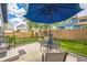 Backyard features a concrete patio with outdoor furniture under a blue umbrella at 12133 Crabapple St, Broomfield, CO 80020