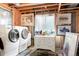 Basement laundry area with washer, dryer, and shelving for storage and organization at 2174 Meadow Vale Rd, Longmont, CO 80504