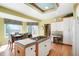 Eat-in kitchen featuring center island and three windows with decorative window coverings at 2174 Meadow Vale Rd, Longmont, CO 80504