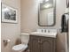 Tastefully decorated half bath features modern fixtures and a sleek design, adding convenience and style at 6237 Trailhead Rd, Highlands Ranch, CO 80130