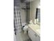 Bathroom featuring a shower with a grab bar, vanity, and decorative tile flooring at 650 S Clinton St # 2A, Denver, CO 80247