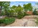 Landscaped backyard featuring rock ground cover, mature trees, a birdhouse, and garden beds at 2807 S Nelson St, Lakewood, CO 80227