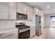 Modern kitchen features stainless appliances, white cabinets, quartz countertops, and tile backsplash at 24851 E 33Rd Dr, Aurora, CO 80019
