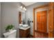 Chic half-bathroom with modern vanity, vessel sink, and stylish lighting fixtures, perfect for guests at 16191 E Hinsdale Ln, Aurora, CO 80016