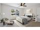 Cozy bedroom with a large window, ceiling fan, and neutral decor at 2023 Mammoth Ct, Evergreen, CO 80439