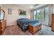 Bright bedroom featuring a large window, tray ceiling, and a cozy blue patterned bed at 17484 E 99Th Ave, Commerce City, CO 80022