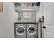 Functional laundry room equipped with modern washer and dryer units, overhead shelving, and ample storage at 2188 Savage Rd, Elizabeth, CO 80107