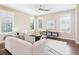 Elegant living room with hardwood floors, recessed lighting, and a comfortable white sofa and stylish decor at 9236 E 52Nd Dr, Denver, CO 80238