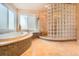 Bright bathroom featuring a glass block shower, jacuzzi tub, and a view to the walk-in closet at 19770 E Geddes Pl, Centennial, CO 80016