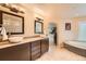 Modern bathroom showcasing dual sinks with designer fixtures and a spa-like soaking tub at 19770 E Geddes Pl, Centennial, CO 80016