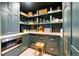 The dark green pantry includes shelving, butcher block counters and brass hardware at 534 W Meadow Rd, Evergreen, CO 80439