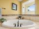 Close-up of the soaking tub featuring tile surround, designer faucet, and natural light at 1222 Buffalo Ridge Rd, Castle Pines, CO 80108