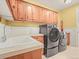 Convenient laundry room with wood cabinets, sink and new appliances at 1222 Buffalo Ridge Rd, Castle Pines, CO 80108