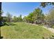 Beautiful backyard with a large grassy area, well-maintained lawn, and a charming wooden fence at 12189 Windy Trail Ln, Parker, CO 80138