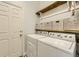 Bright laundry area with storage shelves above a front load washer and dryer, and a door leading to the exterior at 9625 S Hackberry St, Highlands Ranch, CO 80129