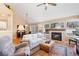 Bright living room with a fireplace, vaulted ceiling, and open layout, filled with natural light at 8403 S Miller Ct, Littleton, CO 80127