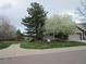 Landscaped front yard with a winding sidewalk, lush lawn, mature trees, and mailbox at 10522 Stoneflower Dr, Parker, CO 80134