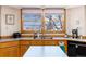 Kitchen sink area showcasing granite countertops, oak cabinets and a view of snow-covered mountains at 10650 Yellowstone Rd, Longmont, CO 80504