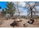 Picturesque backyard featuring an inviting brick fire pit surrounded by lush trees at 28800 E 168Th Ave, Brighton, CO 80603
