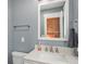 Stylish half-bathroom with gray walls, a white vanity, a modern mirror, and brushed nickel fixtures at 28800 E 168Th Ave, Brighton, CO 80603