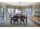 Inviting dining area with large windows offering great views, a chandelier, and a wooden dining set on an area rug at 8 Mountain Willow Dr, Littleton, CO 80127
