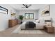 A light and bright bedroom with a modern ceiling fan and two large windows at 1737 Lowell Blvd, Denver, CO 80204