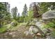 Seating area on the property with boulder outcroppings and picnic table at 12346 Bear Haven Rd, Conifer, CO 80433