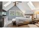 Comfortable bedroom featuring vaulted ceilings, skylights, and neutral decor at 7312 Marshall Rd, Larkspur, CO 80118