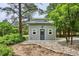Small outbuilding featuring gray siding, a simple gable roof, and a glass door; surrounded by lush greenery at 7312 Marshall Rd, Larkspur, CO 80118