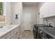 Convenient laundry room with utility sink, countertops, cabinets, and modern washer and dryer at 652 Ulster Way, Denver, CO 80230