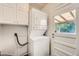 Bright laundry room features a stacked washer and dryer and cabinetry for storage at 2865 S Fairfax St, Denver, CO 80222